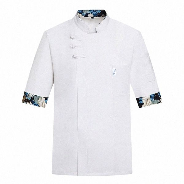 Branco Manga Curta Chef Jaqueta Padaria Roupas de Trabalho Hotel Cook Uniforme Restaurante Cozinha Macacão Cook Shirt Impresso Bordado K4Fn #