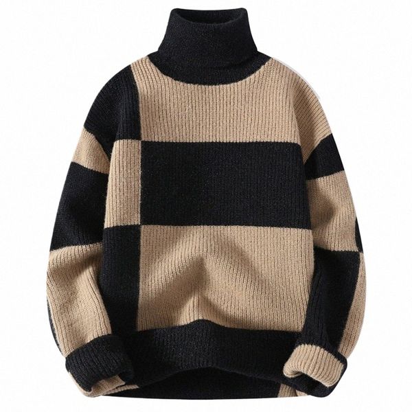 Neue Rollkragenpullover Casual Herren Rollneck Strickpullover Warm Halten LG Sleeve Sweatshirt Stehkragen Patchwork Design 93uQ #