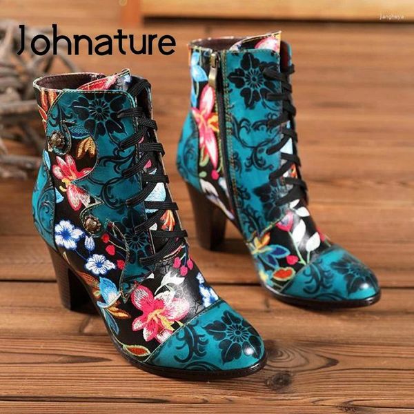 Stiefel Johnature 2024 Damenschuhe High Heels Handbemaltes echtes Leder Reißverschluss Nationalstil Freizeit Vintage Plattform