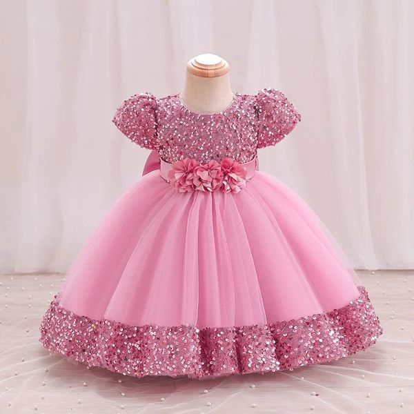 Bebê meninas primeiro aniversário vestido de festa da criança princesa crianças manga curta lantejoulas flor fofo 240318