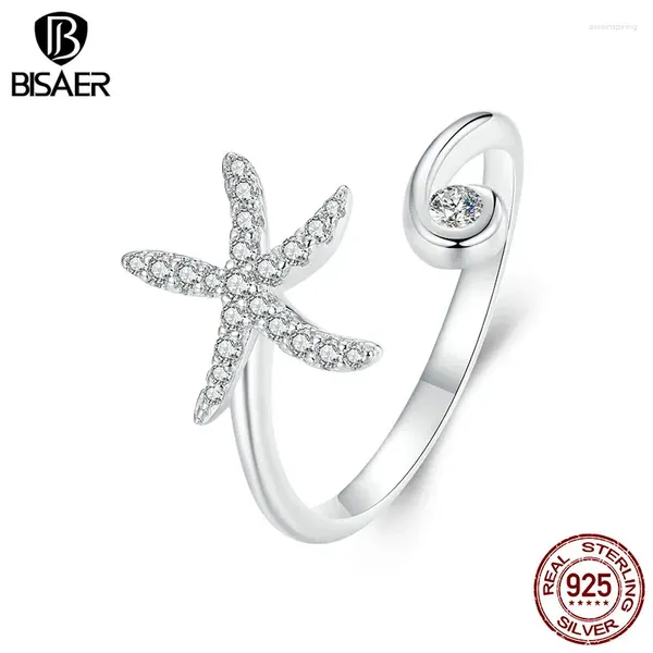 Anéis de cluster Bisaer 925 Sterling Silver Starfish Anel Aberto Sparkly Zircon Band Tamanho Ajustável Banhado Ouro Branco para Mulheres Festa Fina