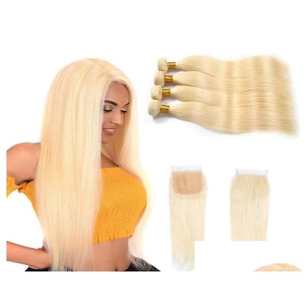 Tramas de cabelo humano com fechamento peruano 613 loira reta remy 5 peças um conjunto pacotes 4x4 rendas sedoso cabelo1243719 entrega direta prod otymd