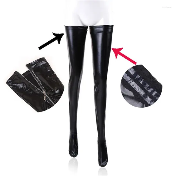 Frauen Socken Sexy Latex Reißverschluss Strümpfe Dame Schwarz PVC Pole Dance Leder Erotische Clubwear Länge Über Knie Hohe Exotische