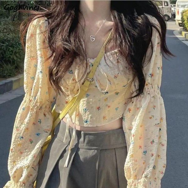 Kadın Bluzları Kadın Tatlı Sarı Çiçek Baskılı Kare Kare Kelebek Kol Kırpma Üstleri Kore Moda Kızlar Vintage Bahar