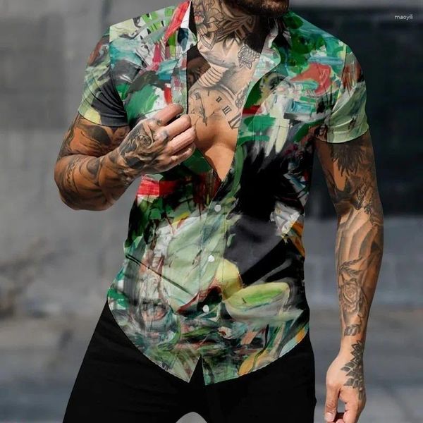 Мужские повседневные рубашки, мужская гавайская рубашка, картина маслом, крутая мода, 3D принт, уютная пляжная одежда больших размеров, летняя одежда с короткими рукавами