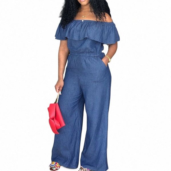 Plus Size Jean Tuta femminile Off spalla Denim Panno Donna One Piece Outfit Casual gamba larga Pant 2023 Autunno elegante tuta a03X #