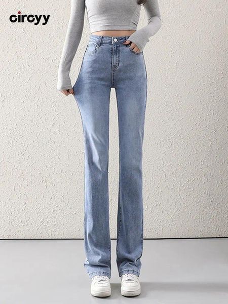 Jeans da donna Circyy Blu Donna Pantaloni in denim A vita alta Tasca sottile Coreano Chic Pantaloni neri Office Lady Primavera dritto 2024