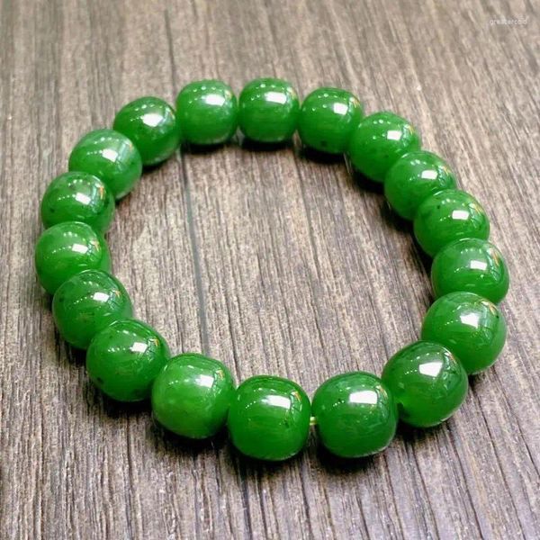 Strand certificado pulseira de jade verde pedra natural jóias homens mulheres genuíno chinês hetian jades nephrite barril grânulo elástico