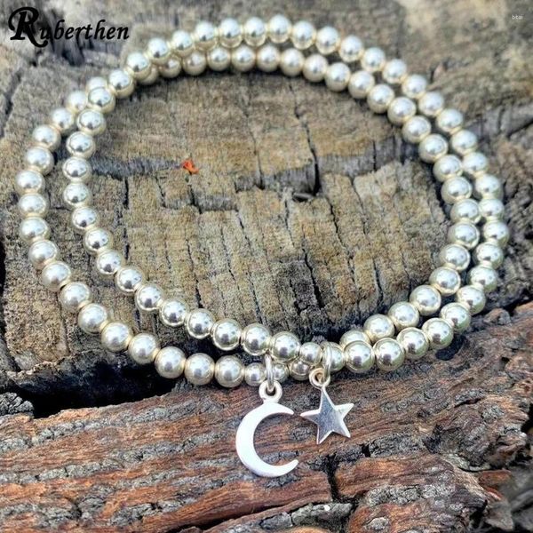 Strand Rububthen 4 mm Orijinal 925 STERLING Gümüş Yığın Boncuklu Bilezik Ay Yıldız Cazibesi Enerji Akışı Takılarını Uyarır