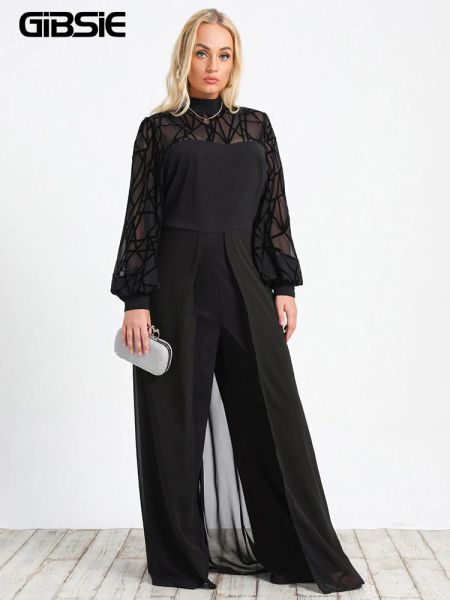 Bottoms Gibsie Plus Size High Taille Mesh Joch Weit Bein Jumpsuit Frühling Herbst Schwarze Laternenhülle Elegante Party Langzeit -Overalls