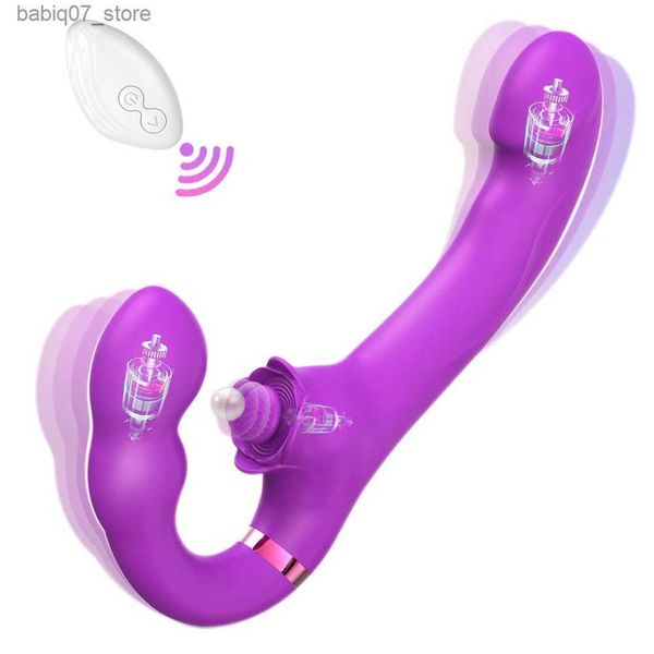 Andere Massageartikel Lesben trägerloser Doppel-Penis-Vibrator Sexspielzeug für Erwachsene, weiblicher Schultergurt, Fernbedienung, weibliches G-Punkt-Vaginalmassagegerät Q240329