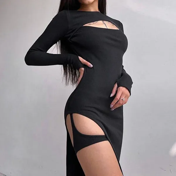 Casual Kleider Koreanischen Stil Sexy Kleid Temperament Brust Hohl Leggings Split Gabel Tasche Hüfte Vestidos Frühling Rock Midi Für Frauen 2024
