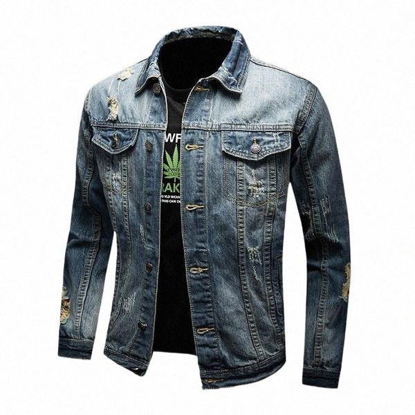 Primavera e outono nova jaqueta jeans masculina tendência fi buraco jaqueta de beisebol alta rua fi streetwear roupas masculinas d2zx #