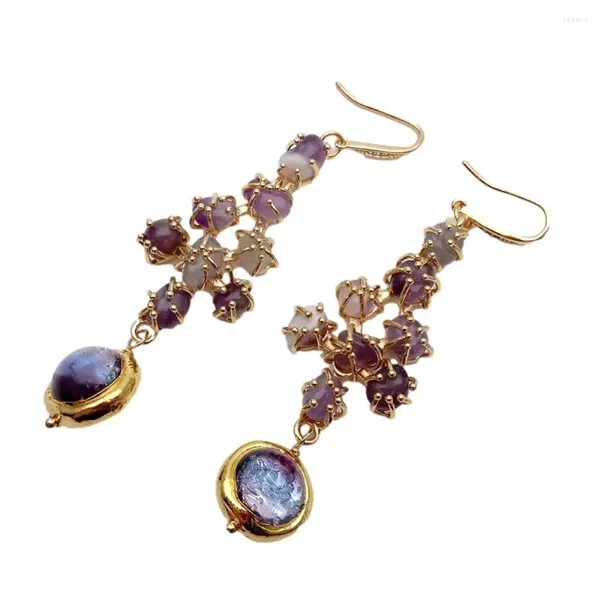 Ohrhänger KKGEM 16 mm lila Murano-Glas natürlicher Amethyst vergoldet Cz Pave Haken für Damen