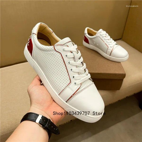 Sapatos casuais masculinos sola vermelha baixa superior rendas até couro respirável personalidade tendência europeu americano plano pequeno branco