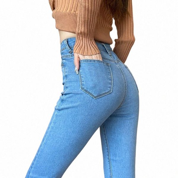 Bahar Kadınlar Skinny Jeans İnce Uygun Elastik Yüksek Bel Kalem Pantolon Fi Kore tarzı Pantolon Açık Mavi Siyah Gri 73oi#