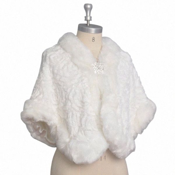 Kunstpelz Braut Hochzeit Bolero Jacke Cape Schal Wrap mit Kristall Perlen Brosche z4FG #