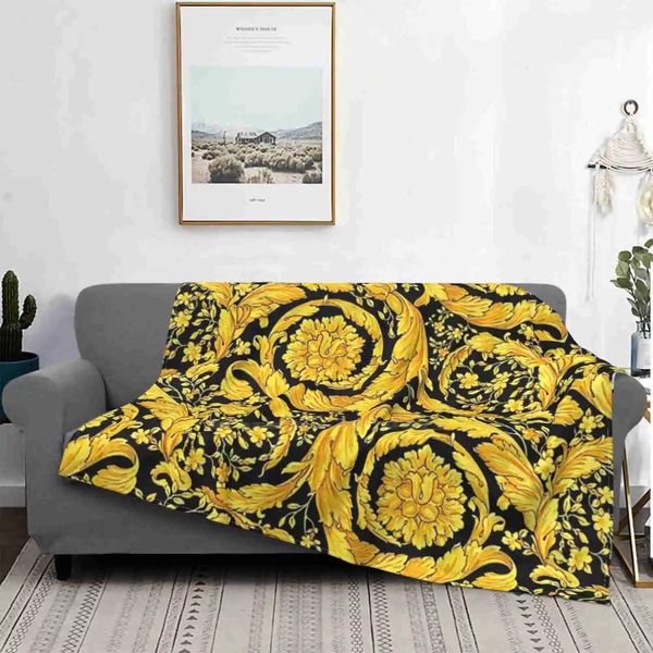 Ouro floral padrão lance cobertor design criativo luz fina flanela macia preto luxo amarelo moda presentes 240326