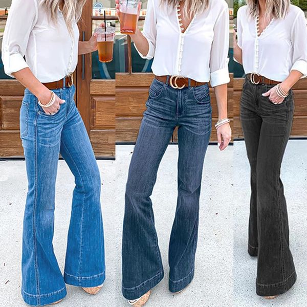 Джинсы клеш для женщин, расклешенные джинсы с цветочной вышивкой, широкие джинсовые брюки 240315
