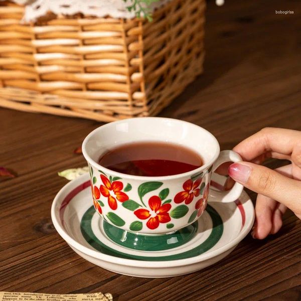 Xícaras Pires Cerâmica Finlândia Medieval Café e Anêmona Marrom Placa Pintada à Mão Retro Caneca de Chá da Tarde Canecas de Água