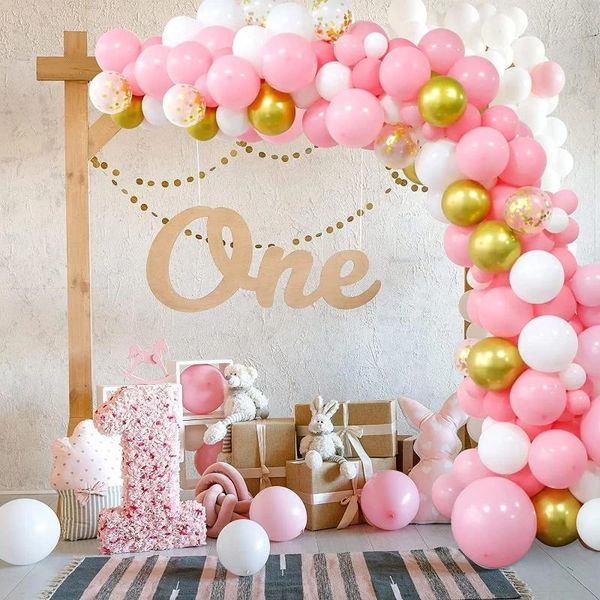 Decorazione per feste 195 pezzi Posti rosa e bianchi Confetti Balloons Ghirlanda Set Girls Girls Baby Shower Wedding Decorazioni