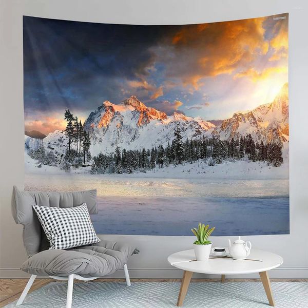 Tapeçarias de neve de inverno tapeçaria montanha floresta pinheiro nevado pôr do sol paisagem arte casa sala de estar decoração do quarto