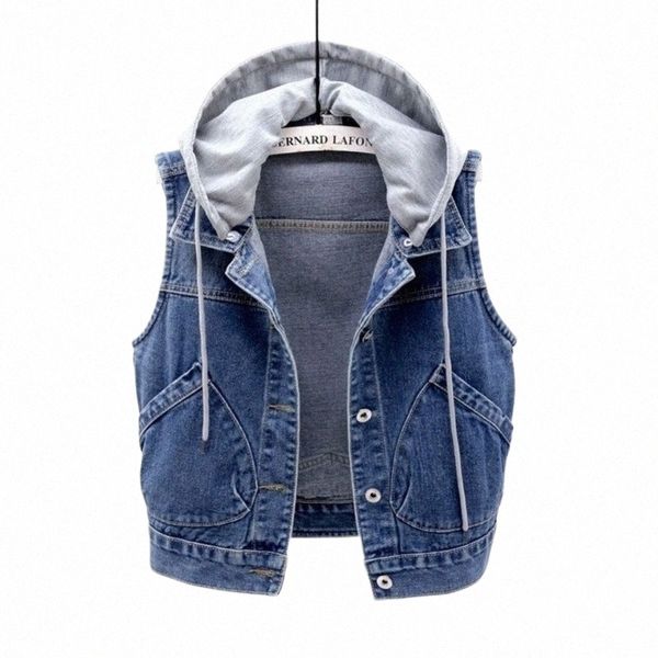 New Denim Vest Donna Primavera Autunno Vestiti Sleevel Wild Tops Giacca corta con cappuccio Donna Denim Jeans Vest Jacket Donna U6va #