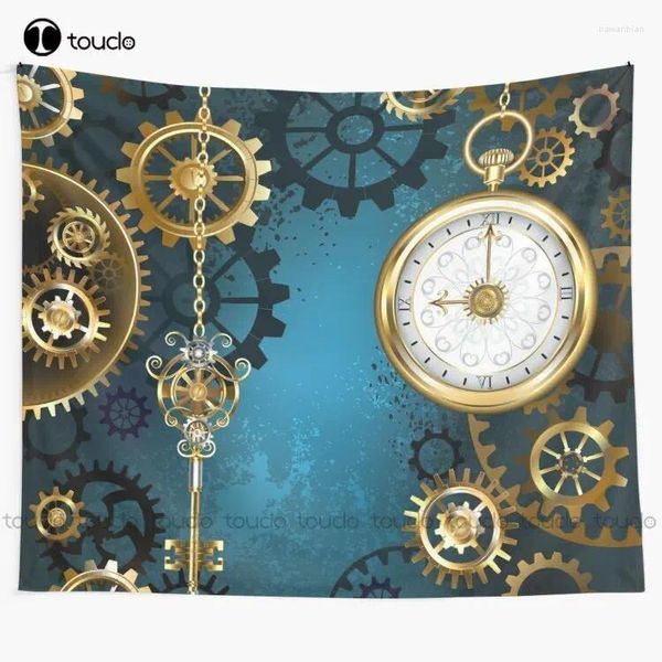 Tapeçarias fundo turquesa com engrenagens (steampunk) tapeçaria tamanho de parede cobertor quarto colcha decoração