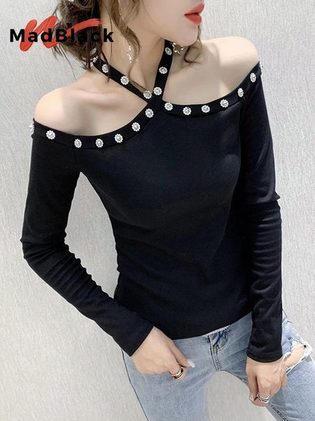 T-shirt da donna MadBlack Abbigliamento europeo Magliette da donna Sexy Crossover Diamanti 98% cotone Top a maniche lunghe T-shirt Primavera Autunno 2024 T43123JC