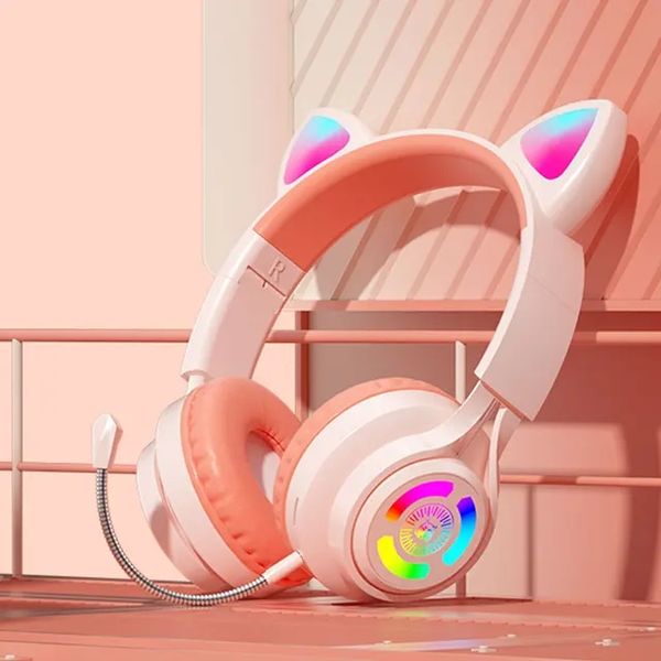 Flash Light Cute Cat Ear Cuffie Wireless con microfono Può chiudere LED Kids Girl Stereo Phone Musica Auricolare Bluetooth Gamer