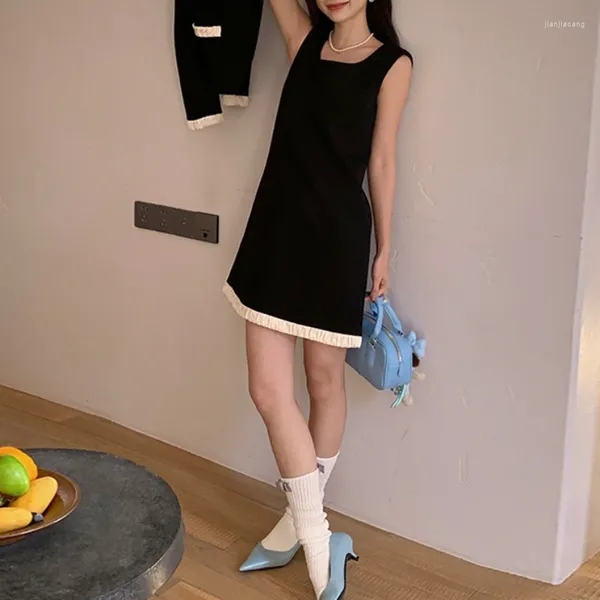 Casual Kleider Frühling Französisch Kontrast Ärmelloses Schwarzes Kleid Frauen Mode Einfache Elegante Korea Chic Kleine Duft Kurze Weste