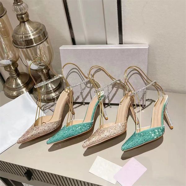 Sandálias de grife de salto alto vestidos femininos, strass famosos, saltos finos marcas de luxo para boates de verão banquetes casamentos sapatos biqueiras dedos pontiagudos sexy