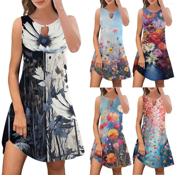 Casual Kleider Sommer Für Frauen 2024 Trendy Boho Floral Print Cover Up Rundhals Ärmellose Sommerkleider Weiblich