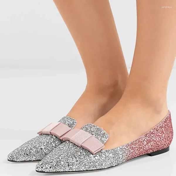 Sapatos casuais Bling Bowtie Loafer Poineted Toe Rosa Prata Gradiente Lantejoulas Flat Mujer Zapatos Brilhantes Slip On Outfit