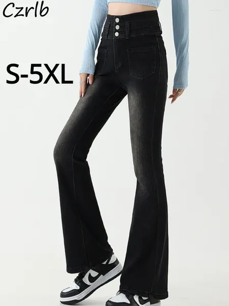 Jeans femininos preto flare mulheres cintura alta elástico S-5XL skinny all-match chique feminino outono inverno streetwear diário encantador