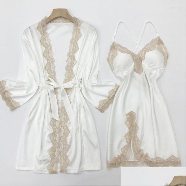 Pigiameria da donna Donna Bianca Sposa Damigella d'onore Abito da sposa Set Y Fl Slip Camicia da notte in pizzo Estate Raso di seta Kimono Abito da bagno Casa Dro Dhdju