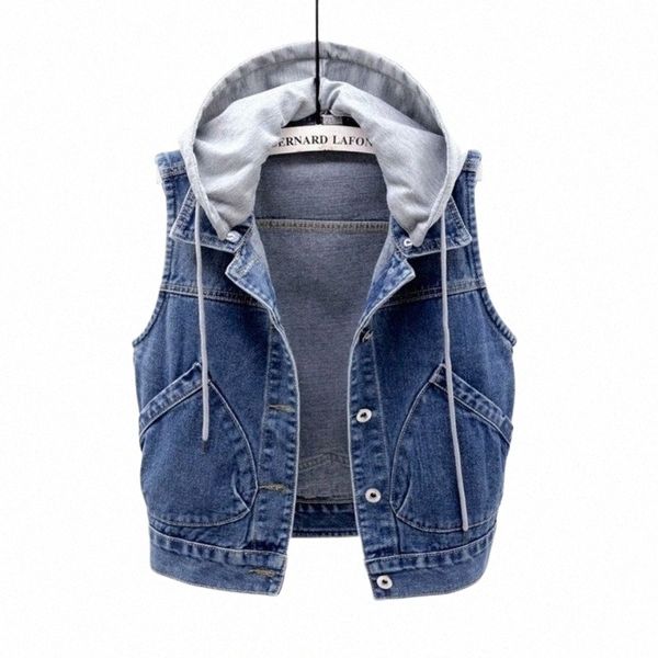 New Denim Vest Donna Primavera Autunno Vestiti Sleevel Wild Tops Giacca corta con cappuccio Donna Denim Jeans Vest Jacket Donna J6Dc #