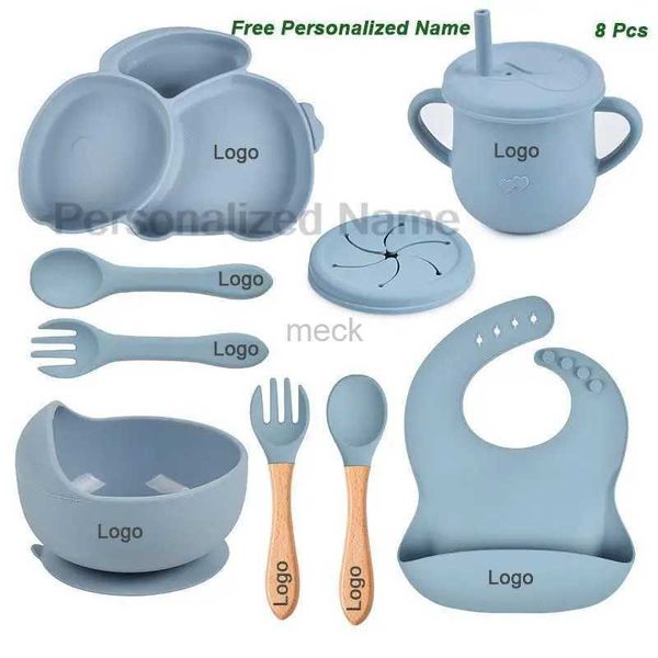Чашки, посуда, посуда, бесплатное персонализированное имя, детский силиконовый набор разделенных тарелок с кроликом, посуда для детского кормления, миска, не содержащая бисфенола А, нагрудники, ложка, вилка, чашка-поильник 240329