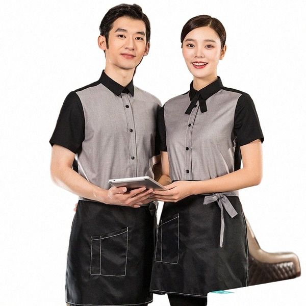 Garçom Workwear Atacado Verão Camisa Curta Café Leite Chá Frt Mesa Vendas Roupas de Trabalho Homens e Mulheres Meio Branco Caterin x71D #