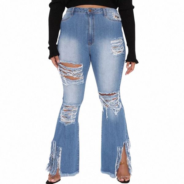 Meren Verado Plus Größe Frauen Hohe Taille Jeans Fi Reißverschluss Taschen Ripped Loch Quaste Stretchy Ausgestellte Hosen Straße Hosen p8Ei #
