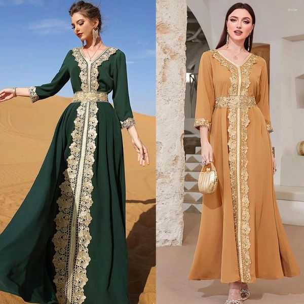 Ethnische Kleidung Ramadan Eid Muslimische Frauen Langes Kleid Islamische Arabische Abaya Naher Osten Dubai Kaftan Türkei Spitze Stickerei Maxi Robe Mode