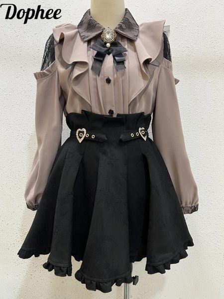 Damenblusen Dophee Japan Style Rojita Lolita Damen schulterfrei aushöhlen Spitze Perle Diamant Schleife Langarmshirts Süßes Top