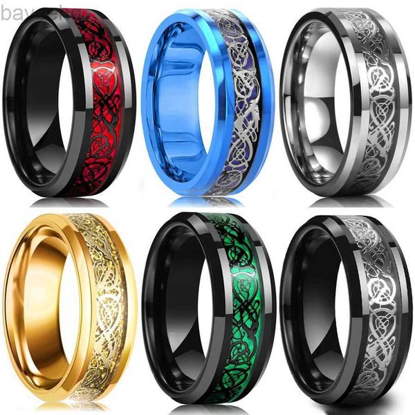 Eheringe 10 Farben 8 mm Herren Edelstahl Keltischer Drachenring Inlay Rot Grün Schwarz Kohlefaserring Ehering Schmuck Größe 6-13 24329