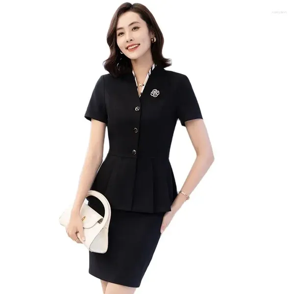 İki parça yaz moda siyah blazer kadın etek takım elbise kısa kollu ceket bayanlar iş iş seti ofis üniforma stilleri