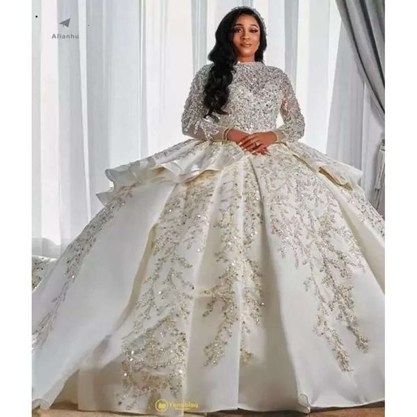 Lussuoso stile arabo A Line Abiti da sposa Maniche lunghe Plus Size Puffy Train Princess Sparkly Paillettes Abiti da festa da sposa Robe De Marriage DHL