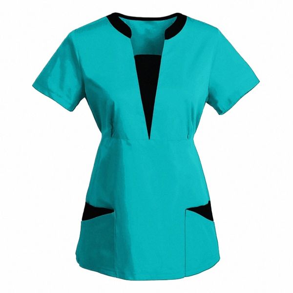 Coreano Versi SPA Uniformi Donna Bellezza Sal Scrubs Top Slim Fit Tunica sanitaria Manica corta Patchwork Camicette all'ingrosso B1fA #