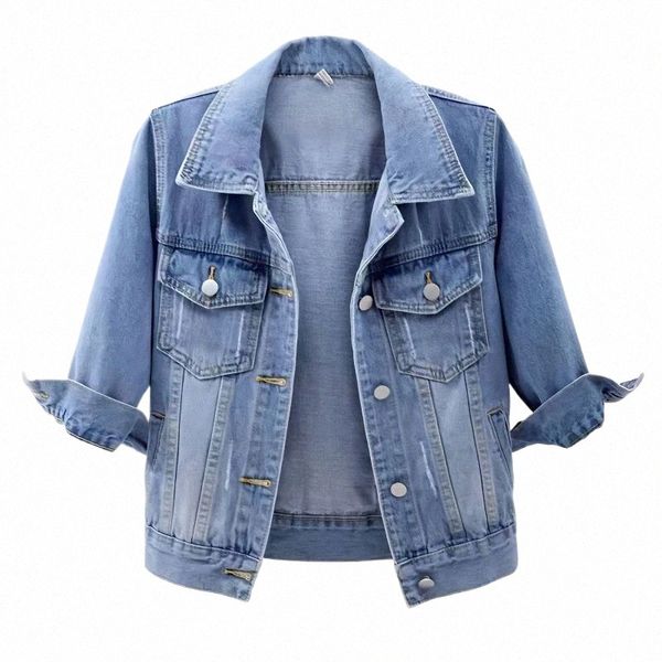 Primavera Verão Meia Manga Mulheres Collared Distred Casaco Senhoras Wed Cropped Denim Jacket Girl Rasgado Jean Cardigan Xaile A8iR #