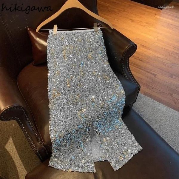 Юбки темперамент Jupe Silver Sequin Женщины с высокой талией расколотая корейская Saia 2024 Faldas Mujer de Moda Fashion Bodycon Sexy Sexy Юбка