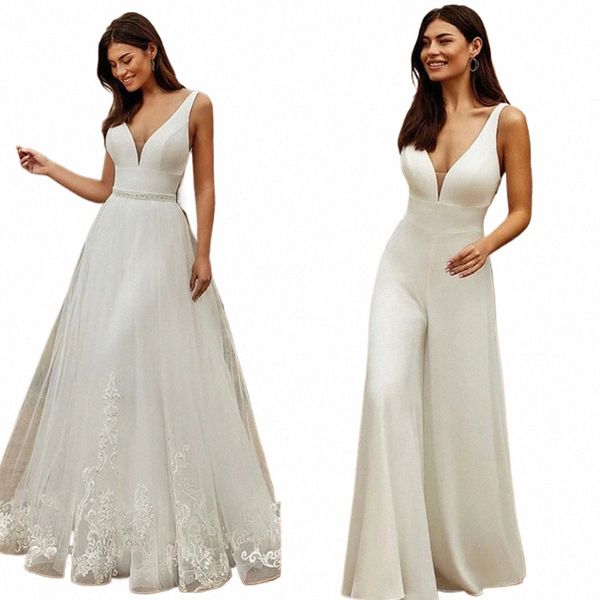 2 em 1 macacão de casamento com saia destacável duas peças nupcial dres calças terno para mulheres rendas tule com decote em v vestidos de trem de varredura j1sj #