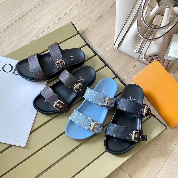 Brand Brand Brand Sandals Bom Dia Comfort Sapatos planos Sliders Slidores Slipper Luxury Mulheres sapatos casuais Novo estilo Slide Ladies Men Designer Mule Sandale Box Lady